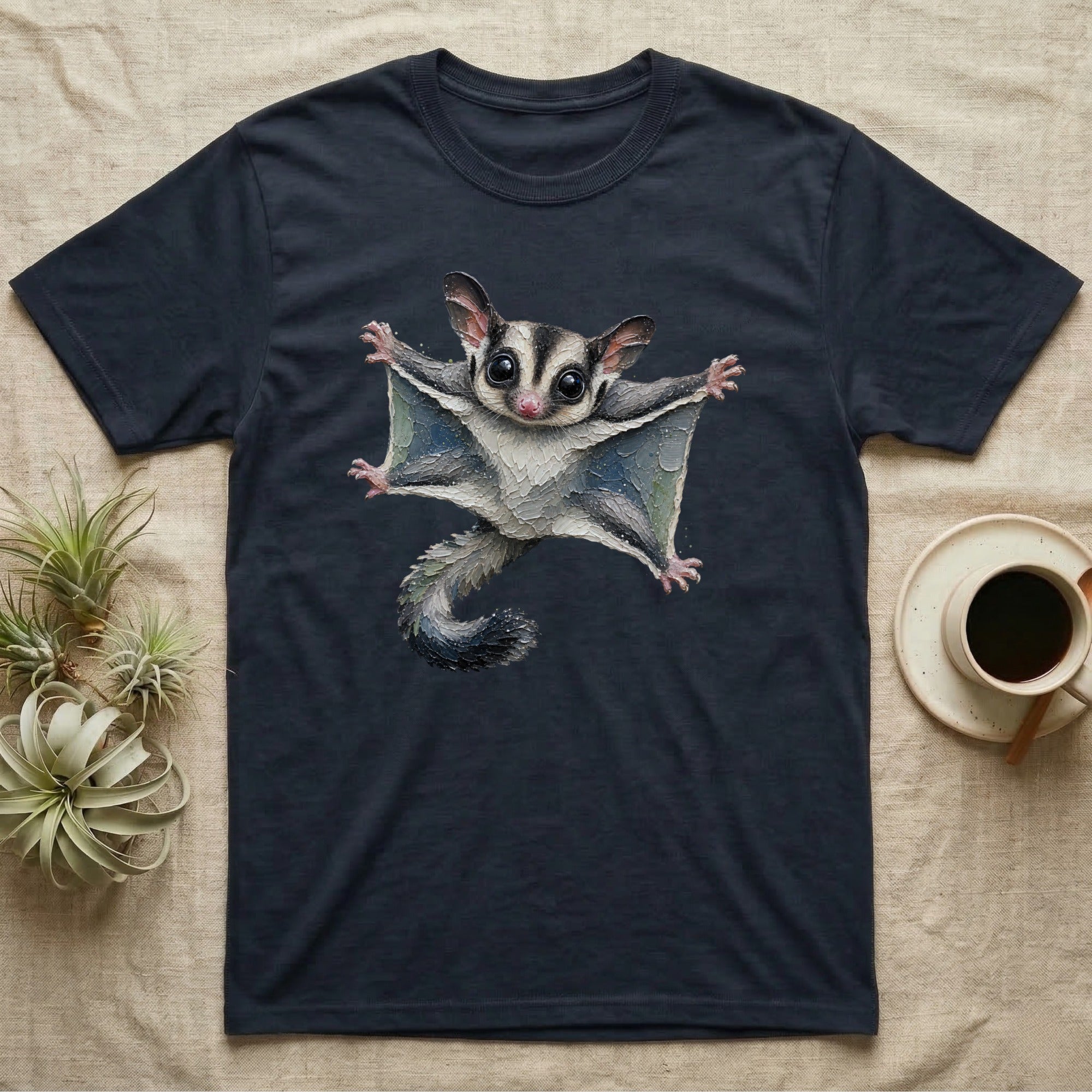 Dark t-shirt with a flying sugar glider graphic.