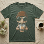 Crested Gecko Boba Tea T-Shirt in Military Green — Cross-hatch engraving of a crested gecko in a beanie and round glasses sipping boba milk tea.