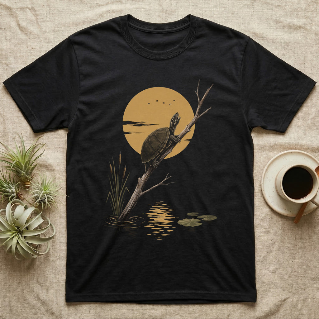 Musk Turtle Moon T-Shirt in Black — Painted 90s wildlife art of a musk turtle on a bare branch howling at a big golden moon behind it, cattails and lily pads below, on black