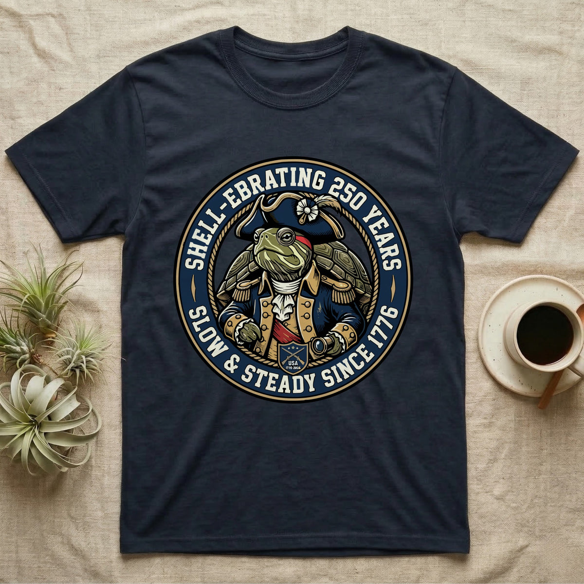 Sea Turtle General T-Shirt in Navy — Circular crest of a sea turtle dressed as a Continental general with text Shell-Ebrating 250 Years.