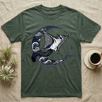 T-shirt graphic of a sugar glider flying with a crescent moon and waves.
