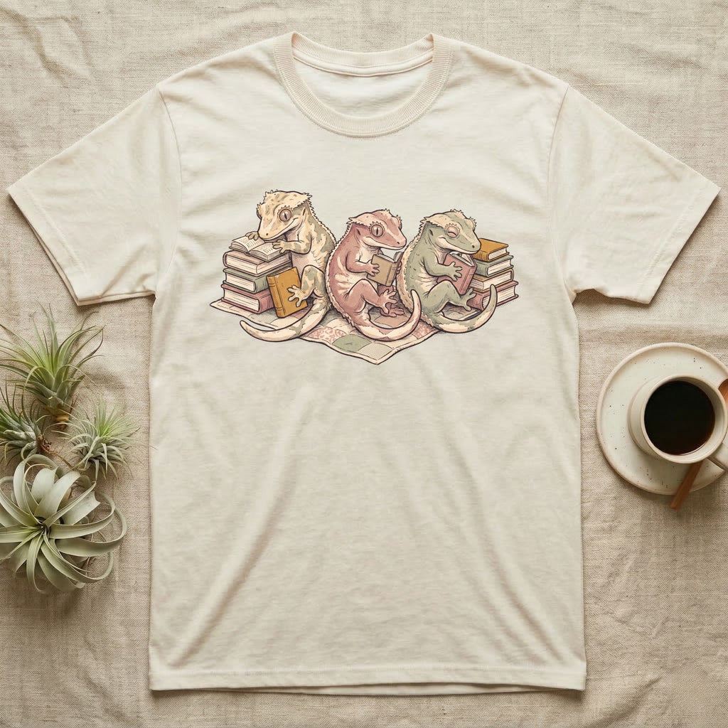Gecko Book Club T-Shirt in Natural — Warm storybook illustration of three crested geckos in a cozy reading row, each beside a tiny stack of books.