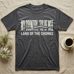 Centipede Land Of Chonks T-Shirt in Dark Heather — Black-and-white woodcut centipede across distressed text reading My Country Tis of Wee, Land of the Chonks.
