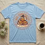 Ball Python Boa-Constricted Candy T-Shirt in Light Blue — Distressed badge of a witch-hatted ball python on three jack-o'-lanterns, "Boa-Constricted by the Candy."