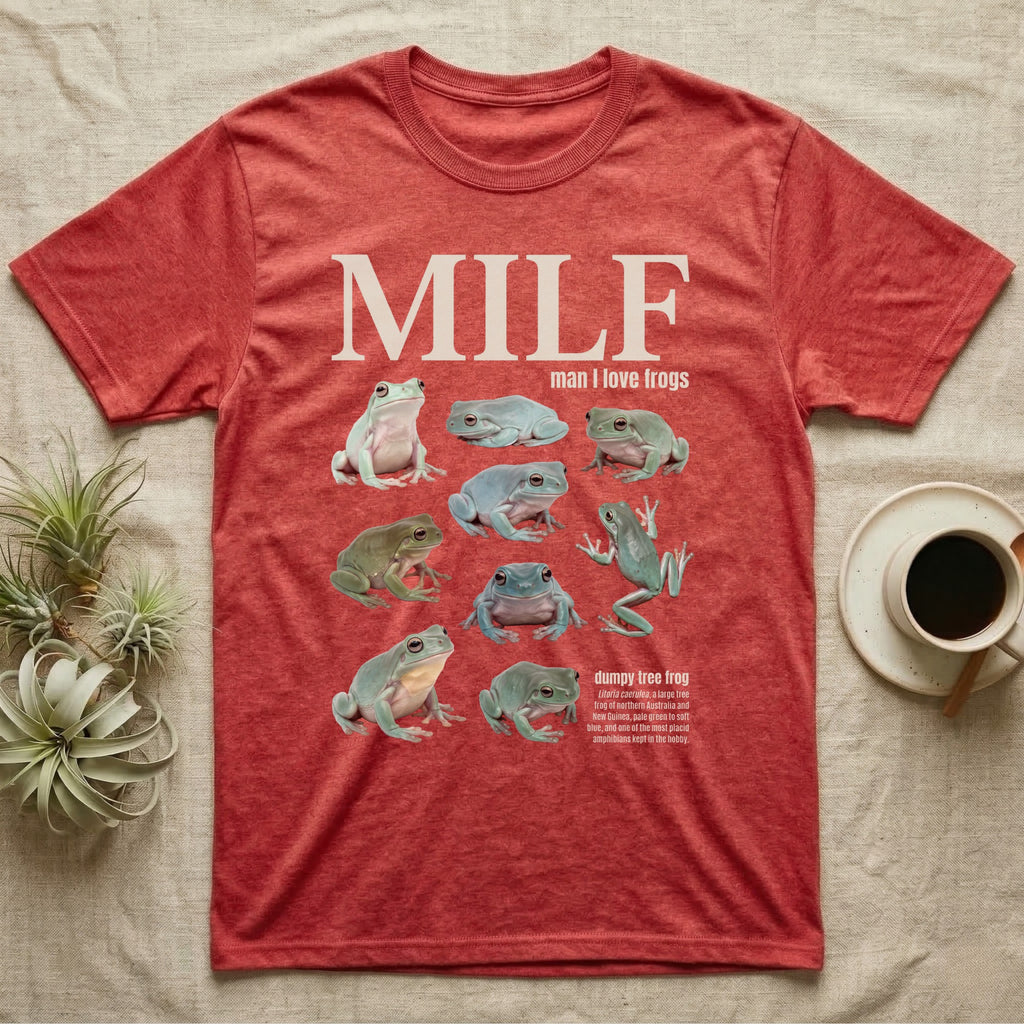 White's Tree Frog MILF T-Shirt in Heather Red — Eight White's tree frogs in a cut-out photo collage under the huge cream word MILF, man I love tree frogs.
