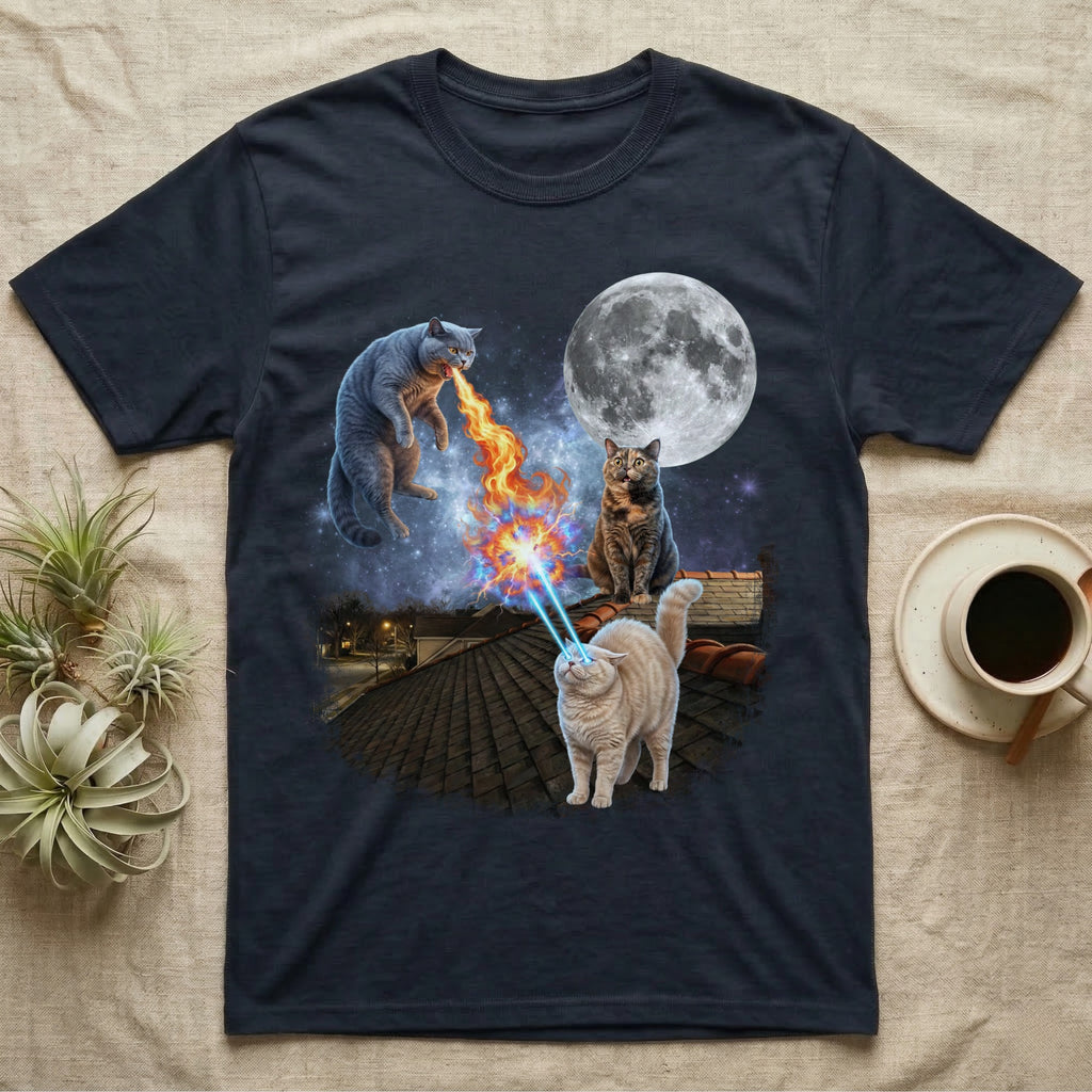 Three cats on a roof at night, one shooting laser eyes.