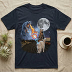 Three cats on a roof at night, one shooting laser eyes.