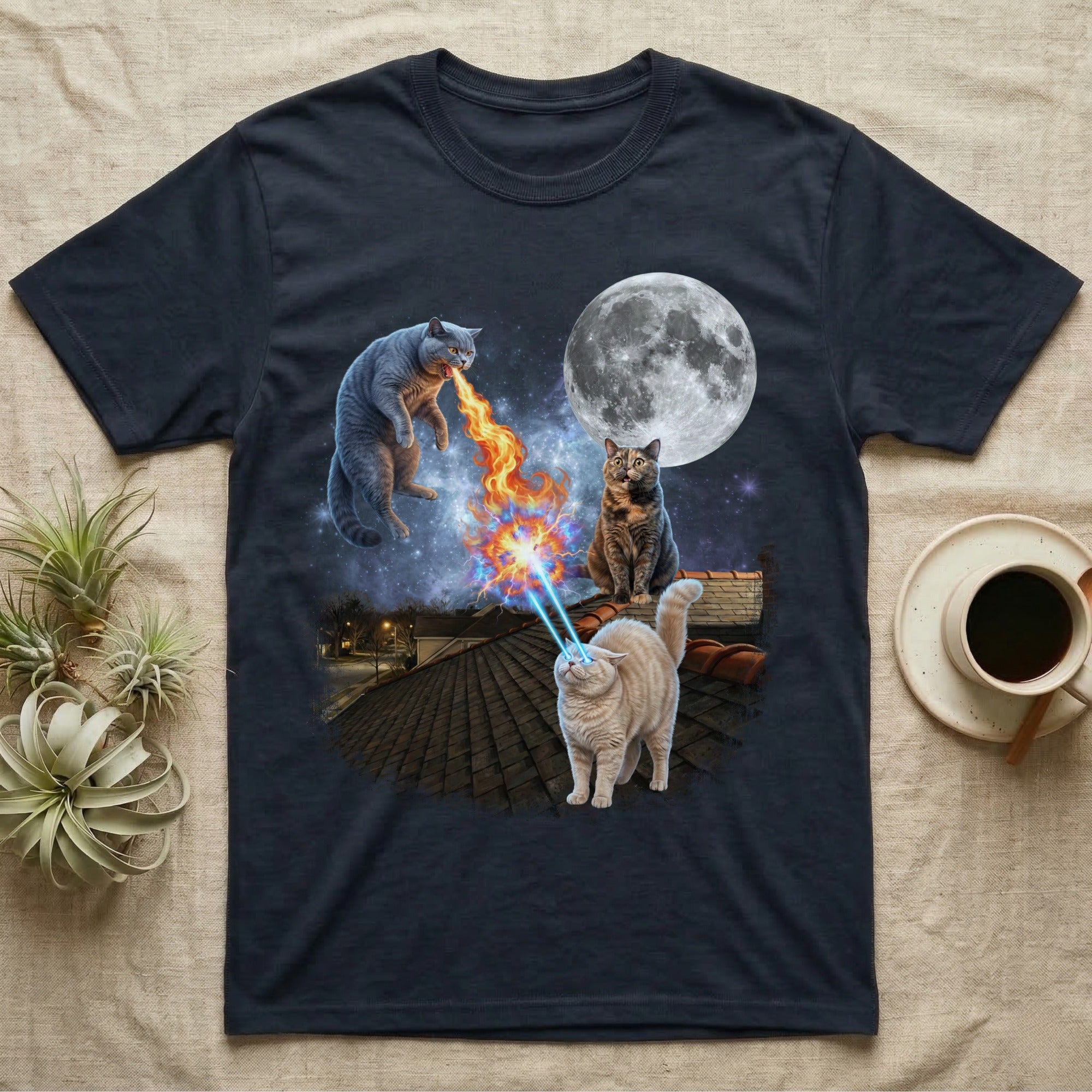 Three cats on a roof at night, one shooting laser eyes.