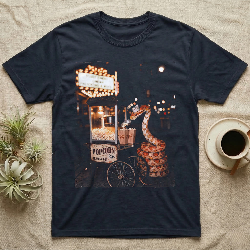 Corn Snake Popcorn Cart T-Shirt in Navy — Corn snake coiled beside a vintage popcorn cart holding a scoop over paper boxes under glowing cinema marquee lights.