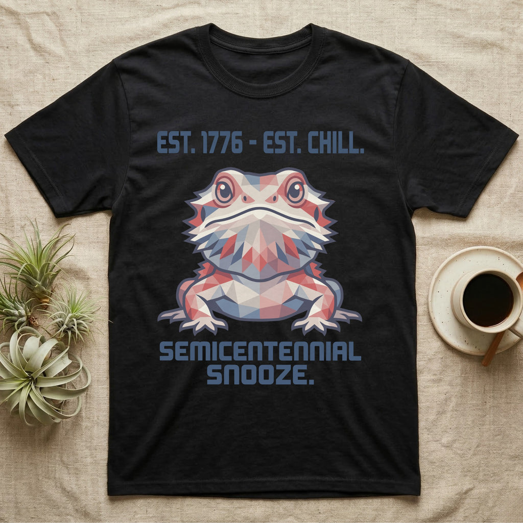 Bearded Dragon Geometric T-Shirt in Black — Low-poly faceted bearded dragon portrait in muted tones with text Est. 1776 Est. Chill and Semicentennial Snooze.