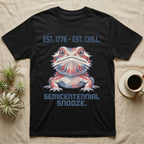 Bearded Dragon Geometric T-Shirt in Black — Low-poly faceted bearded dragon portrait in muted tones with text Est. 1776 Est. Chill and Semicentennial Snooze.