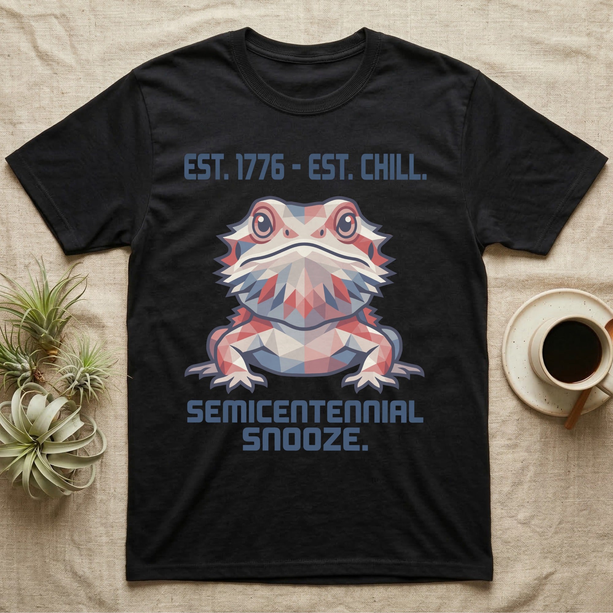 Bearded Dragon Geometric T-Shirt in Black — Low-poly faceted bearded dragon portrait in muted tones with text Est. 1776 Est. Chill and Semicentennial Snooze.