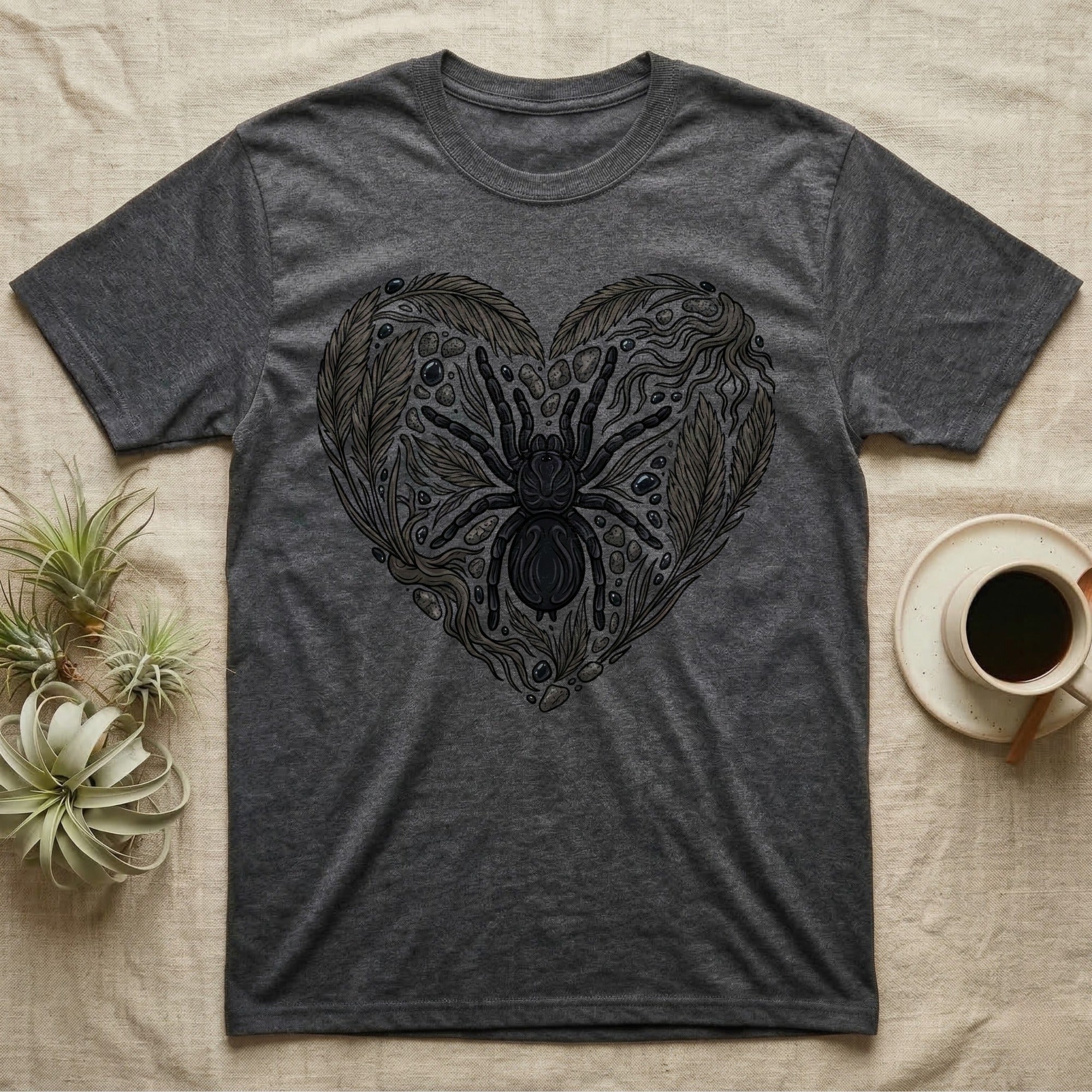 Dark grey t-shirt with a black spider and heart-shaped floral design.