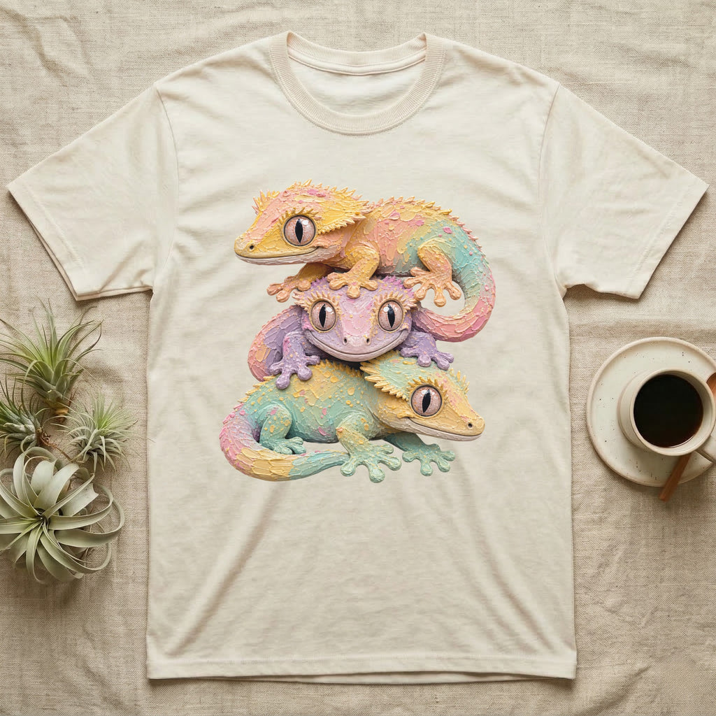 Three colorful geckos stacked on a cream t-shirt.