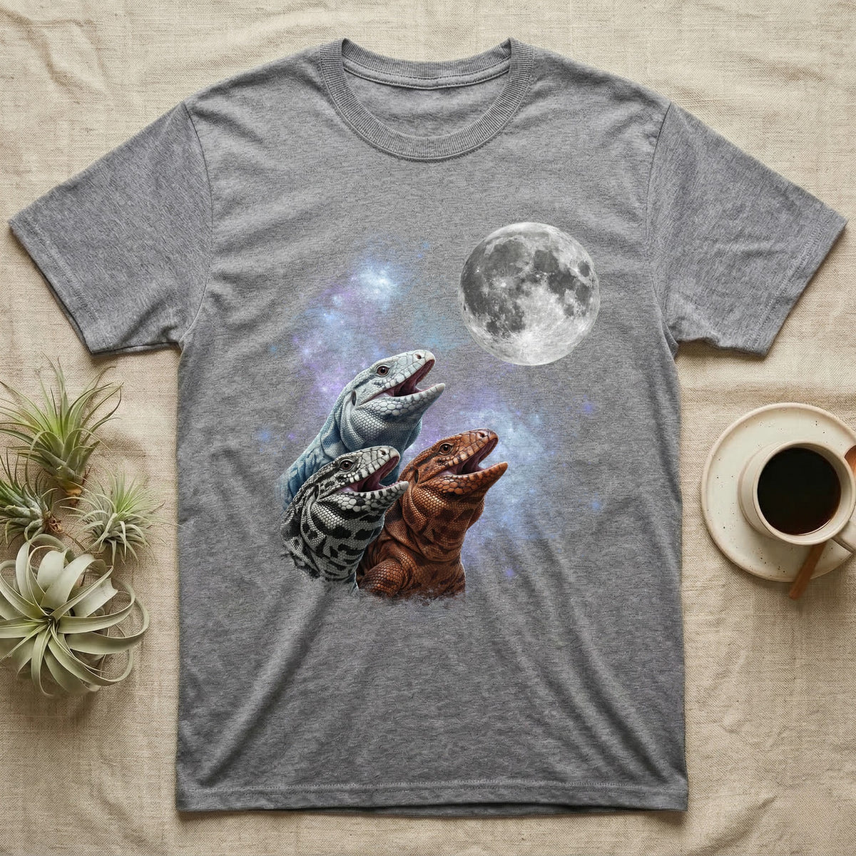 Tegu Moon Howl T-Shirt in Sport Grey — Three Tegu colour morphs howling at a full moon over a nebula on a dark grey t-shirt.
