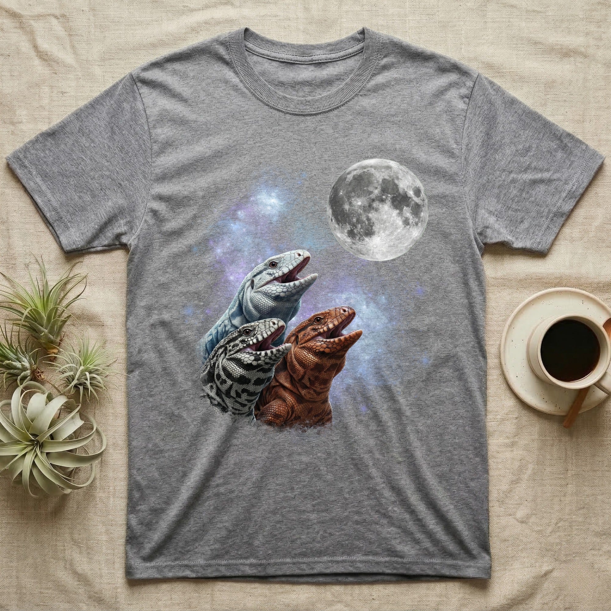 Tegu Moon Howl T-Shirt in Sport Grey — Three Tegu colour morphs howling at a full moon over a nebula on a dark grey t-shirt.