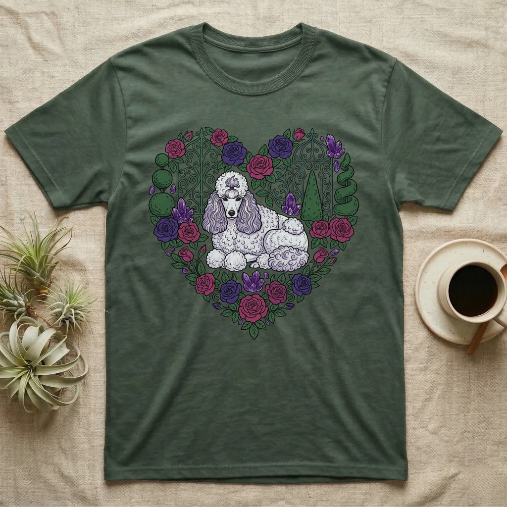 Green t-shirt with a white poodle in a floral heart design.