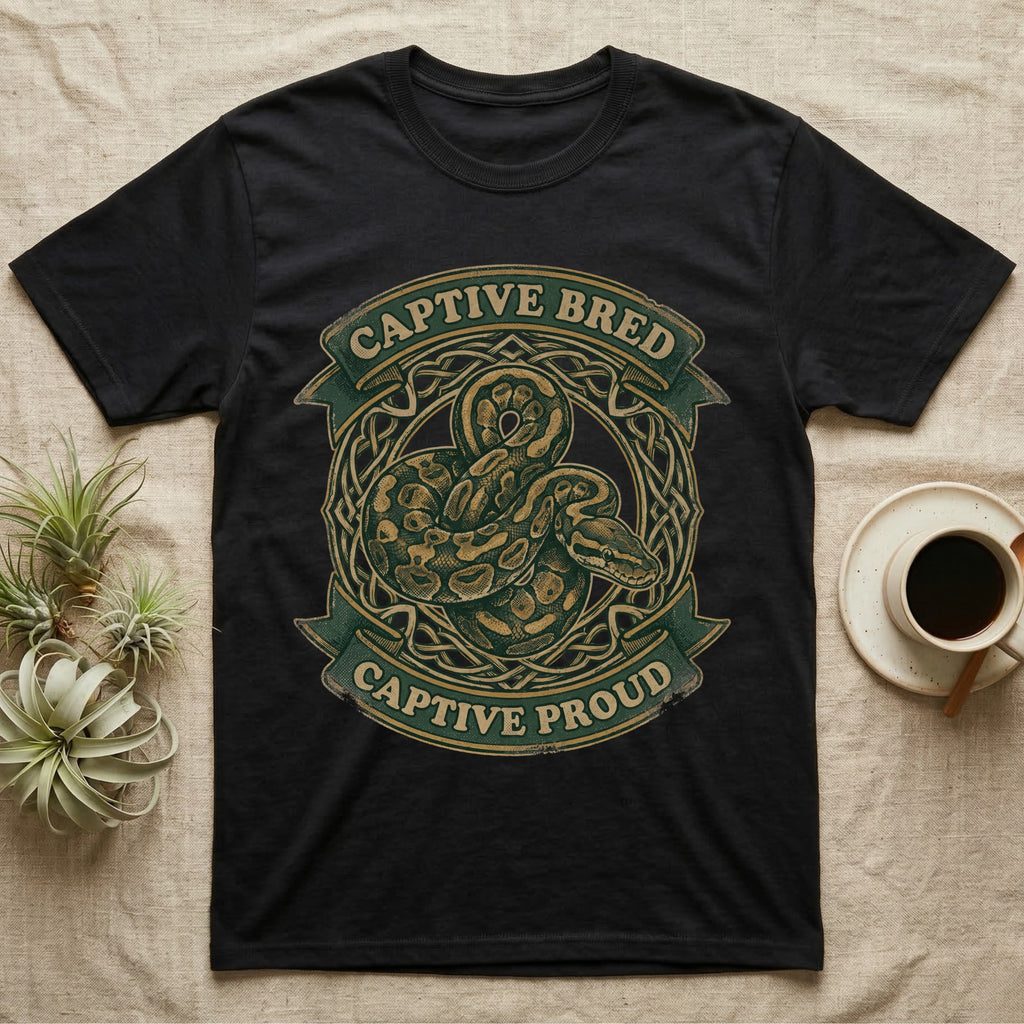 Ball Python Breeder Crest T-Shirt in Black — Vintage heraldic crest of a coiled morph ball python with captive bred captive proud banner text.