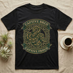 Ball Python Breeder Crest T-Shirt in Black — Vintage heraldic crest of a coiled morph ball python with captive bred captive proud banner text.