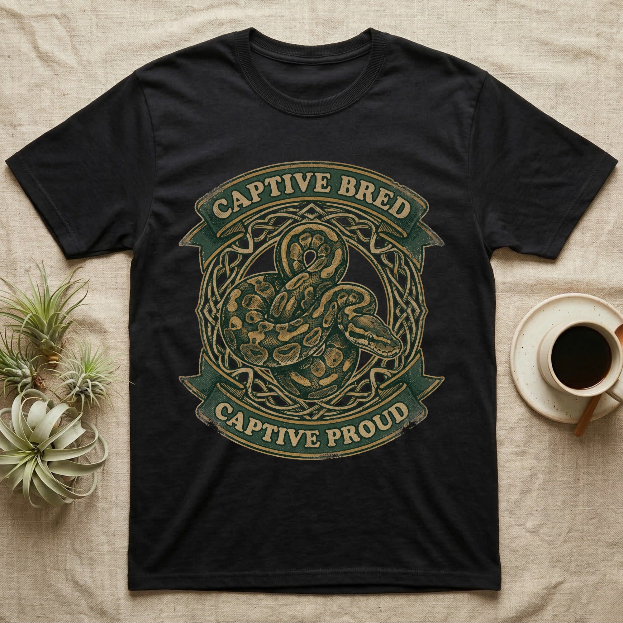 Ball Python Breeder Crest T-Shirt in Black — Vintage heraldic crest of a coiled morph ball python with captive bred captive proud banner text.