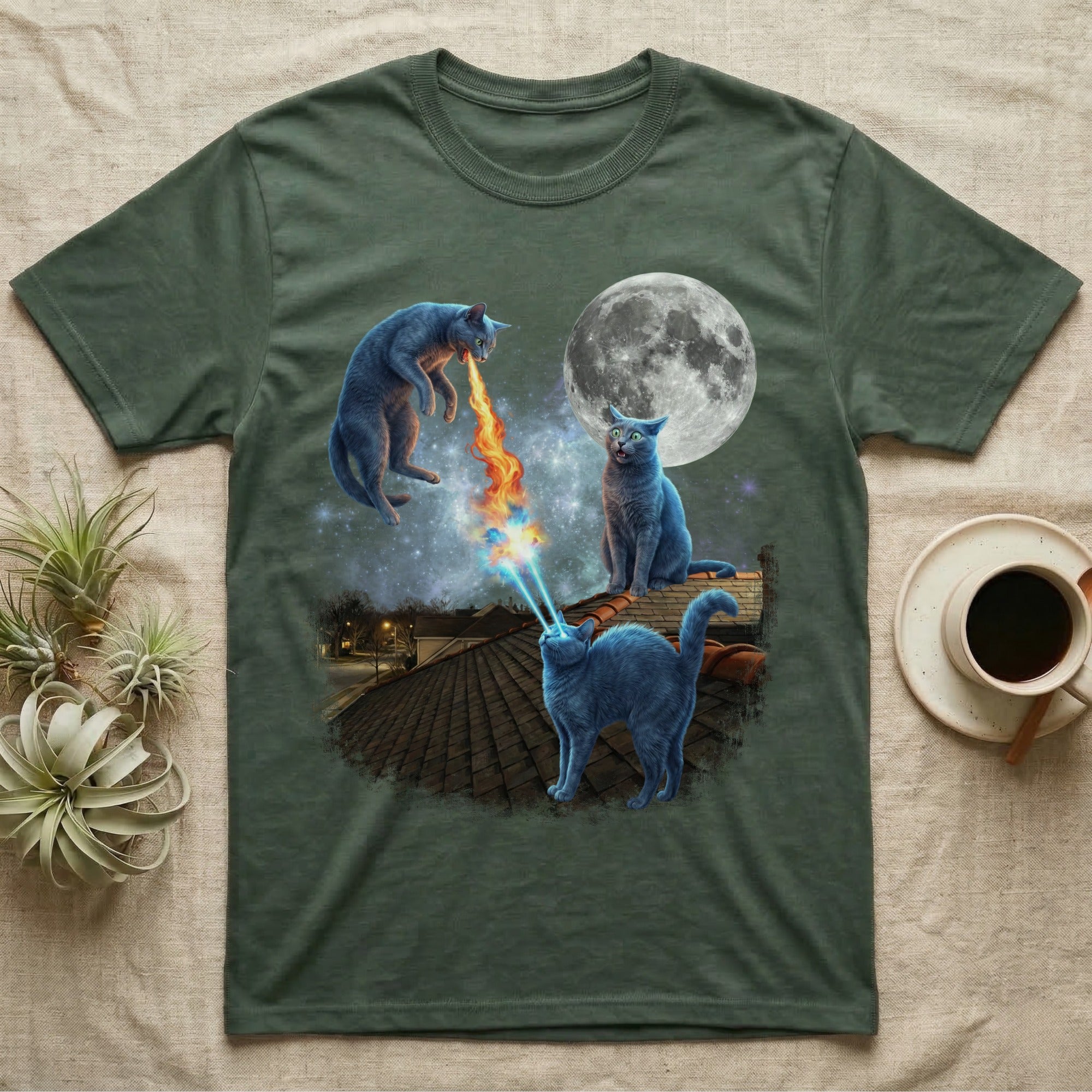 Blue cats breathing fire and laser beams on a rooftop under a full moon.