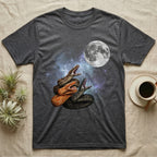 Boa Constrictor Moon Howl T-Shirt in Dark Heather — Three Boa Constrictor colour morphs howling at a full moon over a nebula on a dark grey t-shirt.
