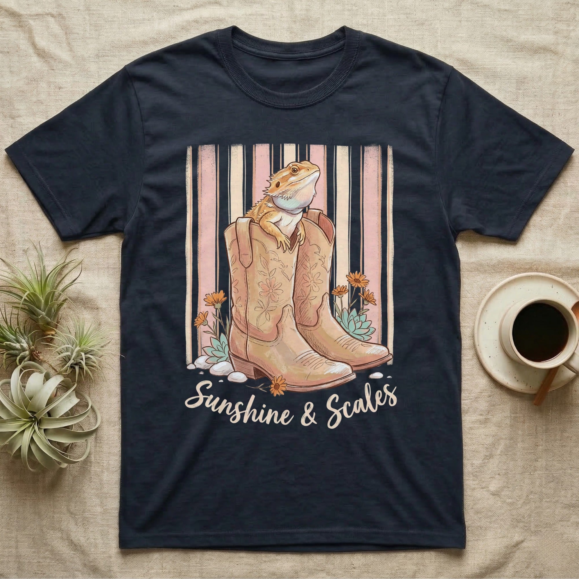 Bearded dragon in cowboy boots with "Sunshine & Scales" text.