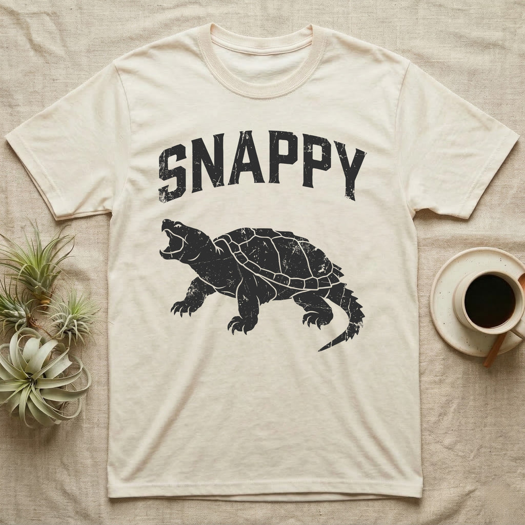 Snapping Turtle Snappy T-Shirt in Natural — Worn one-ink print of a common snapping turtle crouched side-on, jaws open mid-snap, under the arched word SNAPPY