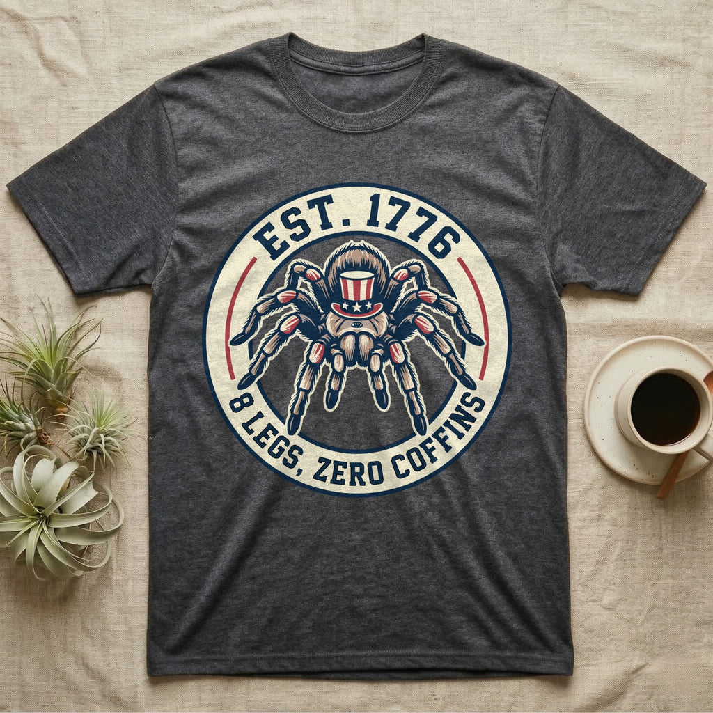 Tarantula Zero Coffins T-Shirt in Dark Heather — Circular patch emblem of a tarantula in a top hat with arched text Est. 1776 and 8 Legs Zero Coffins.