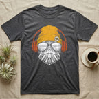 Red-Eared Slider Headphones T-Shirt in Dark Heather — Engraved red-eared slider turtle in a beanie and headphones, aviators reflecting a calm reed-lined lake.