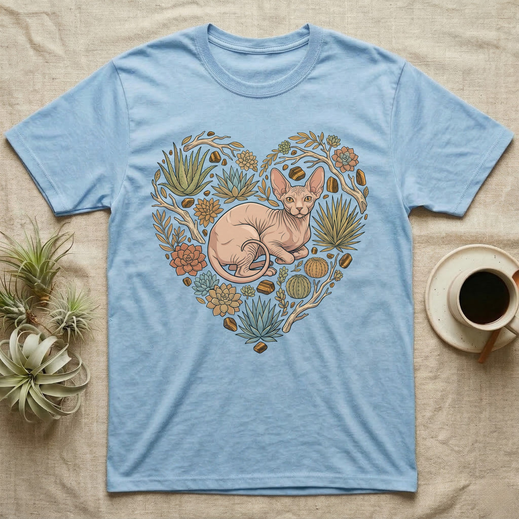 Light blue t-shirt with a heart-shaped design of a Sphynx cat and succulents.
