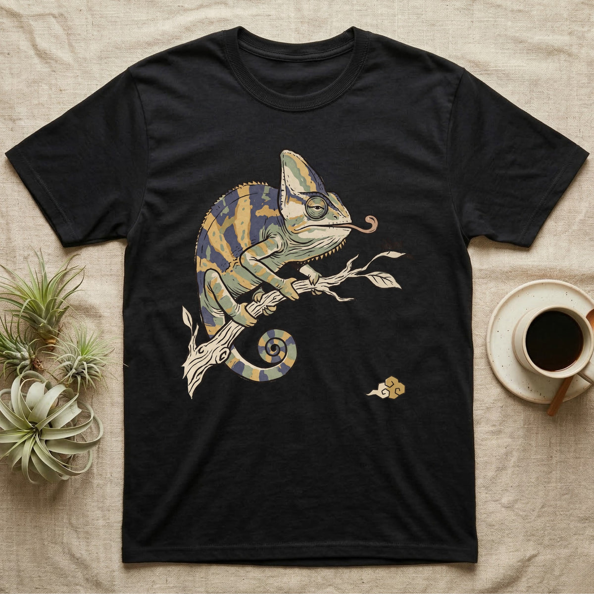 Veiled Chameleon Diet T-Shirt in Black — Ukiyo-e woodblock illustration of a veiled chameleon extending its tongue, with a deadpan serif caption beneath the subject.