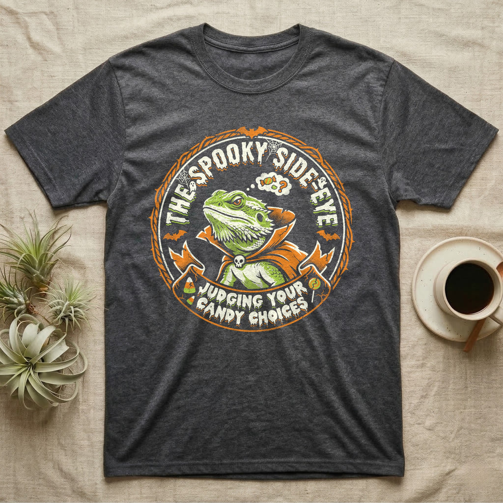 Bearded Dragon Spooky Side-Eye T-Shirt in Dark Heather — Distressed badge of a caped bearded dragon giving side-eye, "The Spooky Side-Eye, Judging Your Candy Choices."