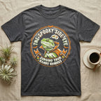 Bearded Dragon Spooky Side-Eye T-Shirt in Dark Heather — Distressed badge of a caped bearded dragon giving side-eye, "The Spooky Side-Eye, Judging Your Candy Choices."