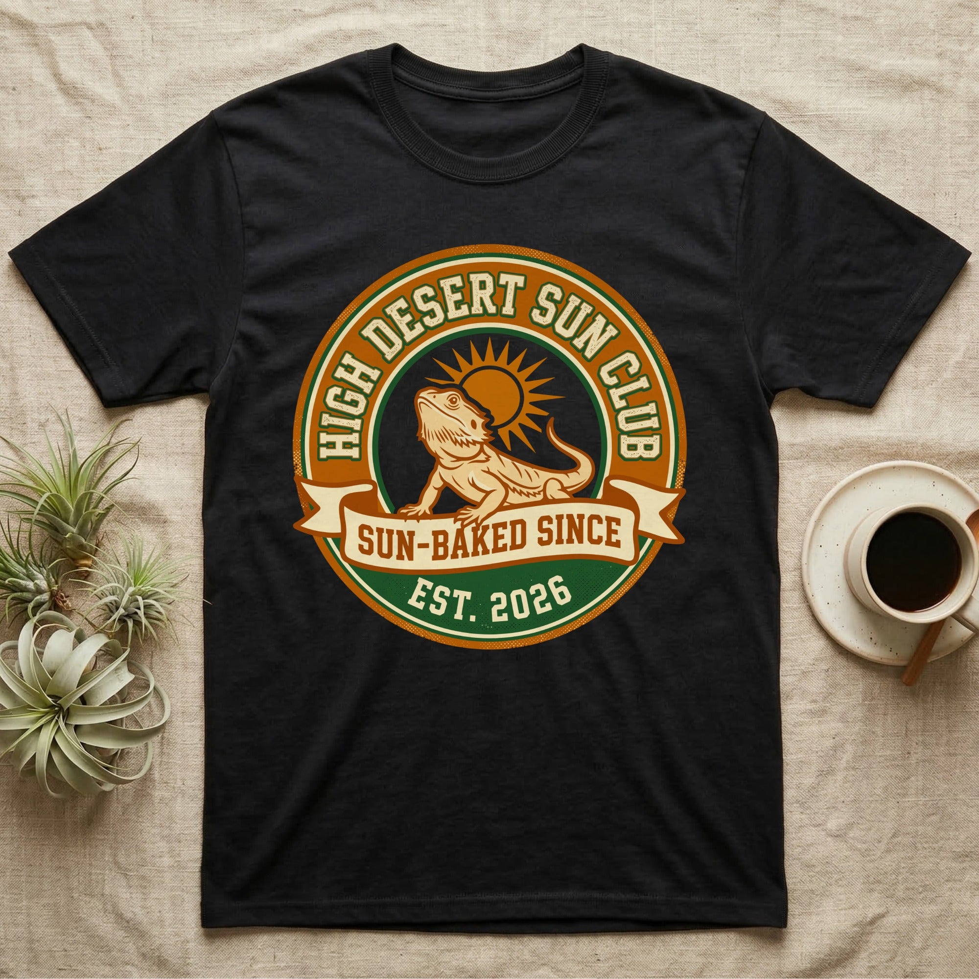 Black t-shirt with "High Desert Sun Club Sun-Baked Since Est. 2026" graphic.