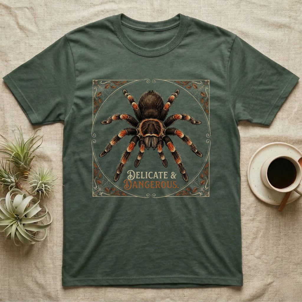 Green t-shirt with a tarantula design and text "DELICATE & DANGEROUS".