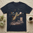Praying Mantis Preacher T-Shirt in Navy — Praying mantis as a night street preacher holding an open book and vintage microphone by milk-crate speakers in gritty halftone.