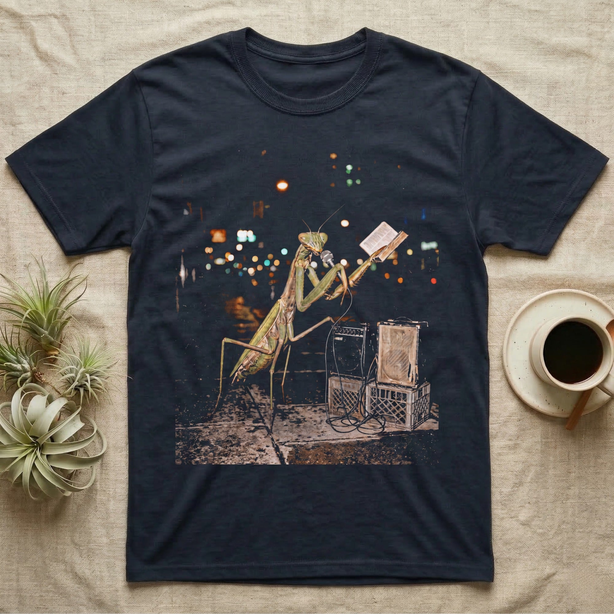 Praying Mantis Preacher T-Shirt in Navy — Praying mantis as a night street preacher holding an open book and vintage microphone by milk-crate speakers in gritty halftone.