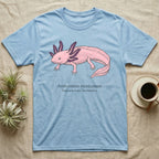 Light blue t-shirt featuring a pink axolotl illustration and text.