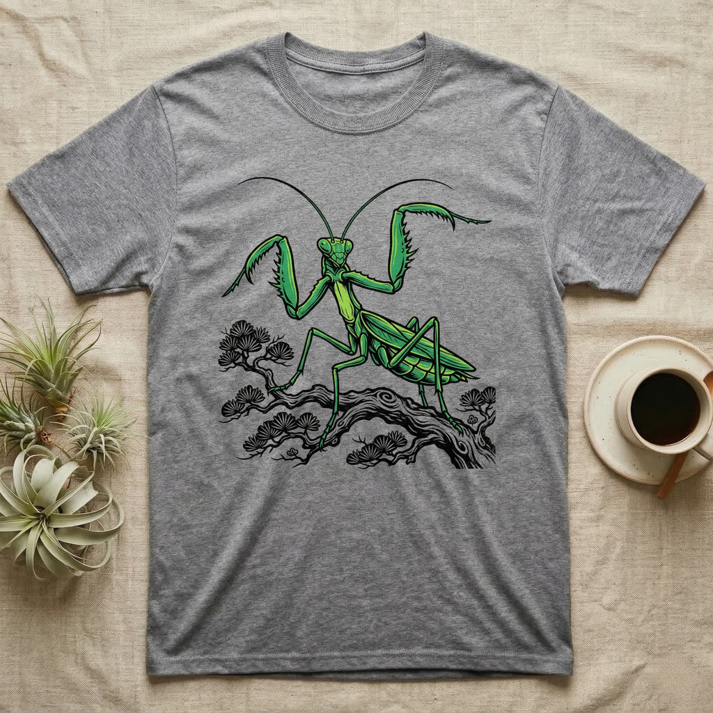 Gray t-shirt with a green praying mantis illustration on a tree branch.