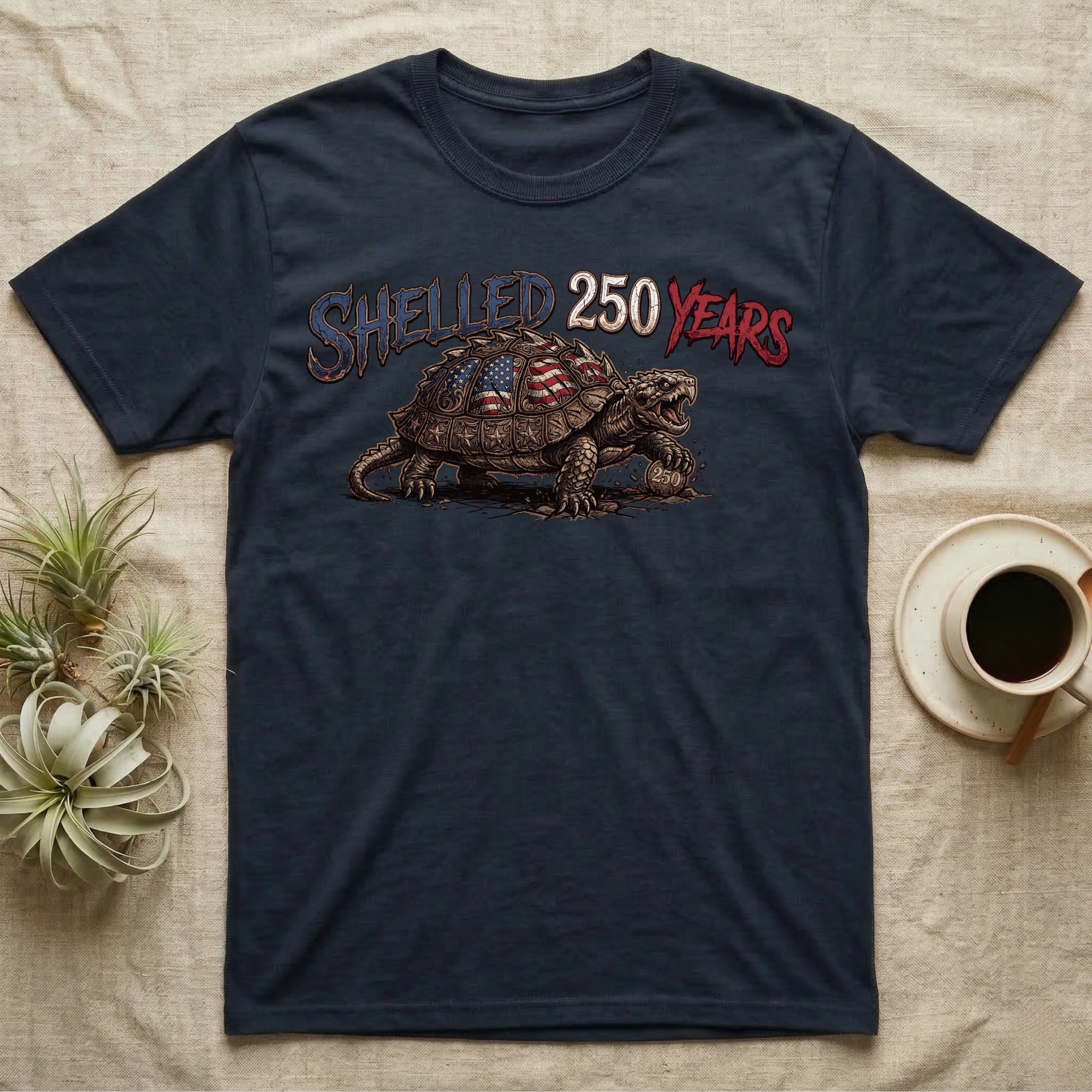 Snapping Turtle 250 T-Shirt in Navy — Gritty woodcut alligator snapping turtle with a flag-etched shell on a 250 coin under text Shelled 250 Years.
