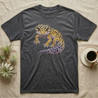 Dark grey t-shirt with a colorful leopard gecko graphic on the chest.