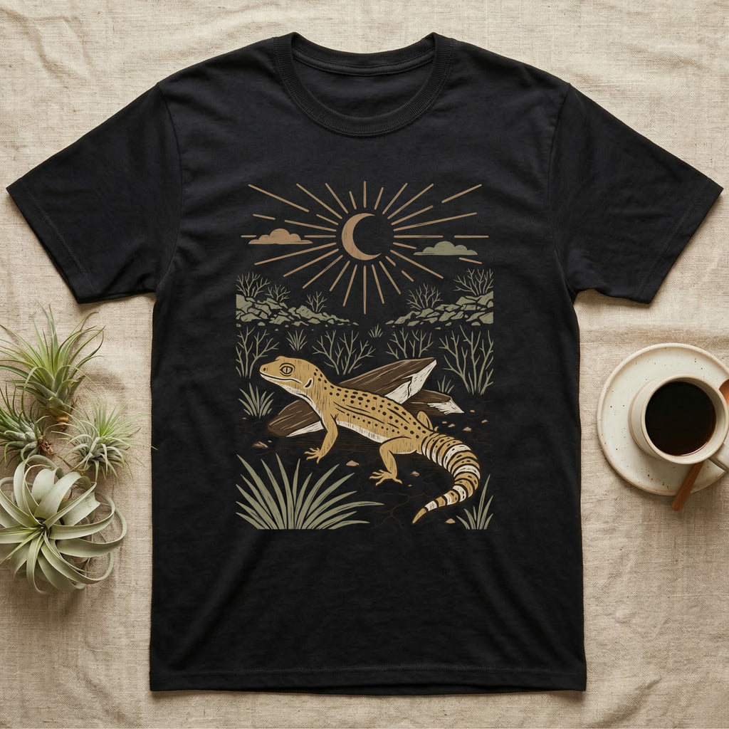 Leopard Gecko Home Range T-Shirt in Black — Woodcut-style illustration of a leopard gecko standing on cracked earth beside flat stones with thorn scrub behind, no on-shirt text.