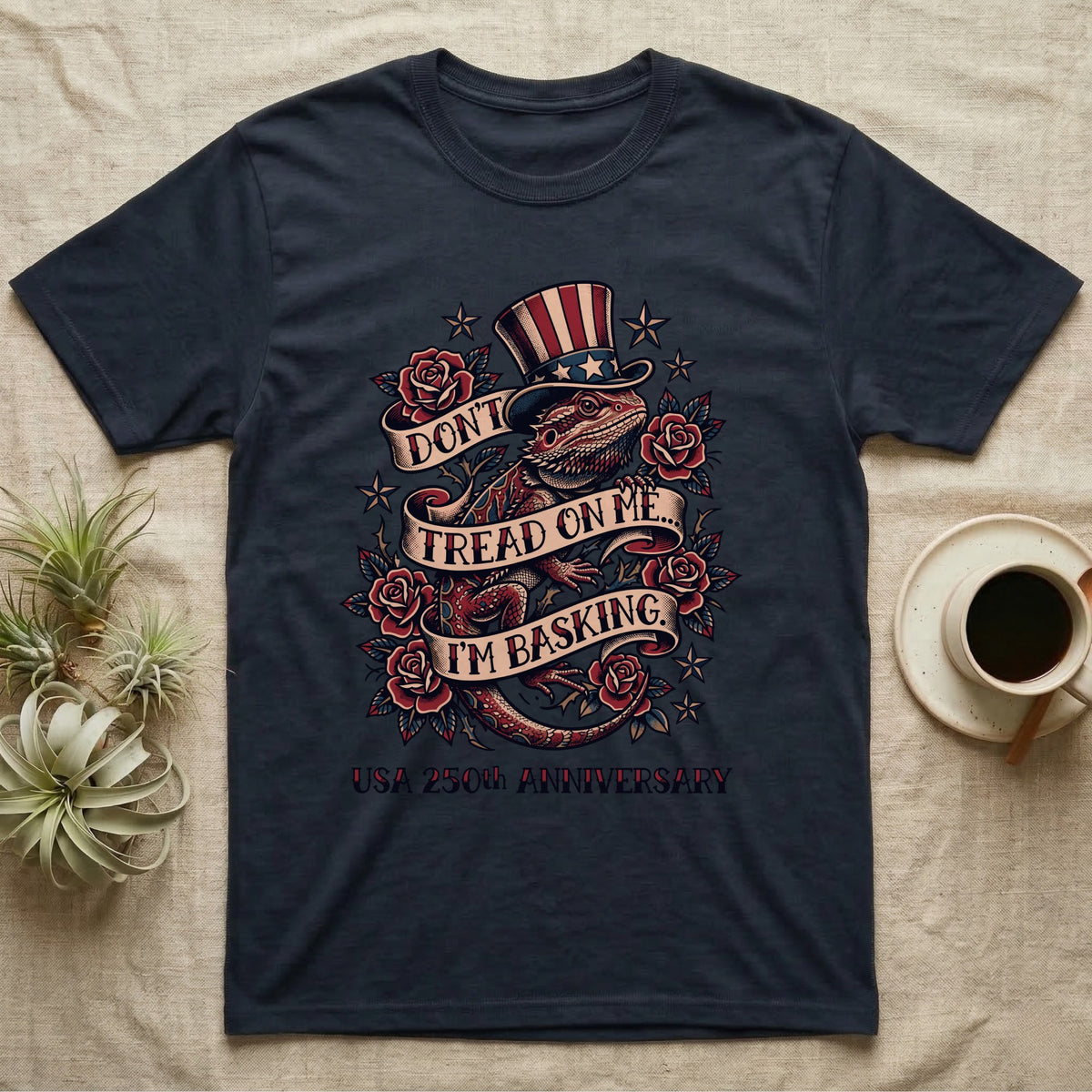 Bearded Dragon Tattoo T-Shirt in Navy — Tattoo-flash bearded dragon in a star top hat among roses with banners reading Don't Tread On Me I'm Basking.