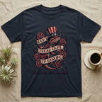 Bearded Dragon Tattoo T-Shirt in Navy — Tattoo-flash bearded dragon in a star top hat among roses with banners reading Don't Tread On Me I'm Basking.