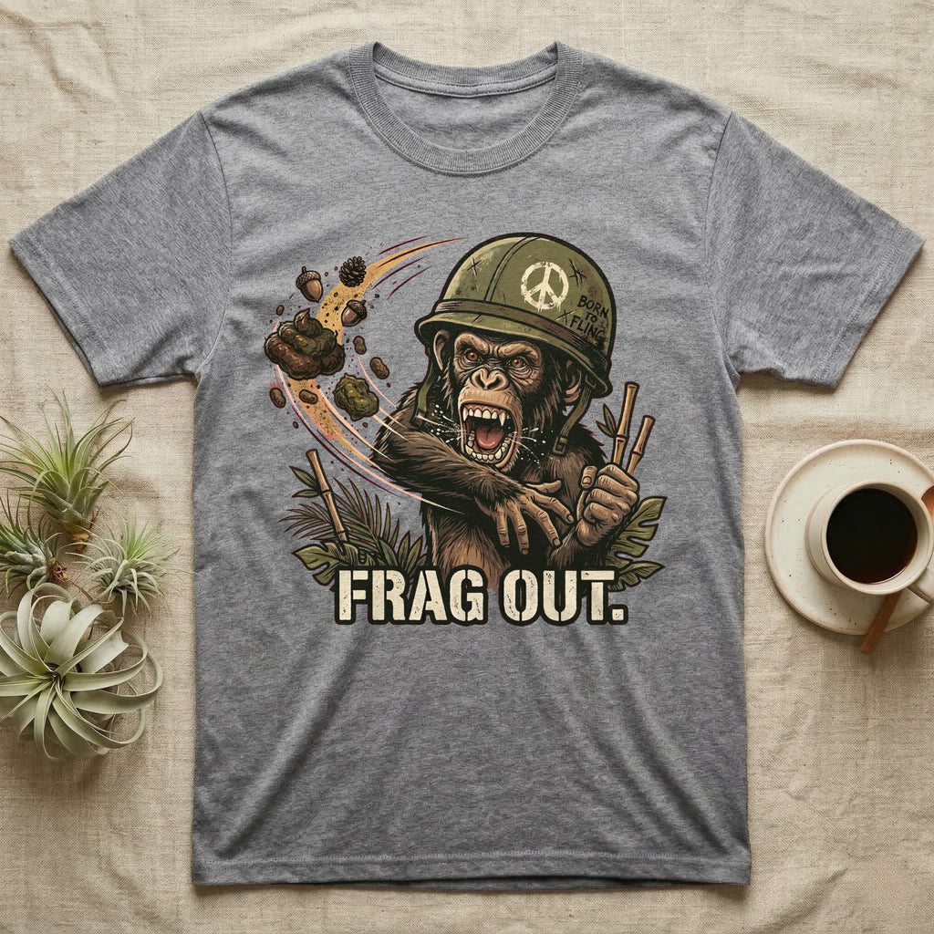 Grey t-shirt with a chimpanzee in a helmet wearing a peace sign and the text "FRAG OUT."