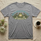 Gray t-shirt with "NORTH AMERICAN BULLFROG RANA CATESBEIANA" and frog graphic.