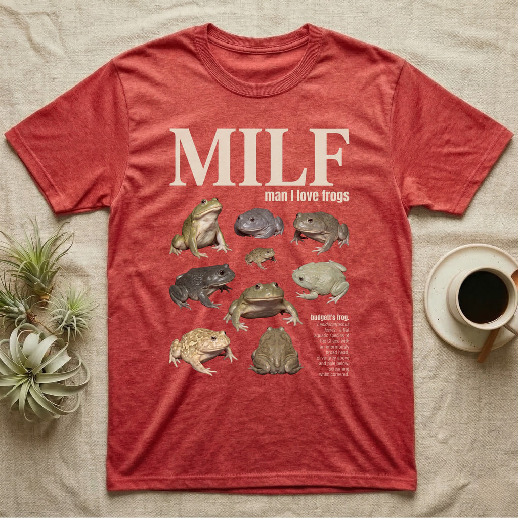 Budgett's Frog MILF T-Shirt in Heather Red — Seven Budgett's frogs in a cut-out photo collage under the huge cream word MILF, man I love budgett's frogs.