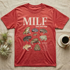 Budgett's Frog MILF T-Shirt in Heather Red — Seven Budgett's frogs in a cut-out photo collage under the huge cream word MILF, man I love budgett's frogs.