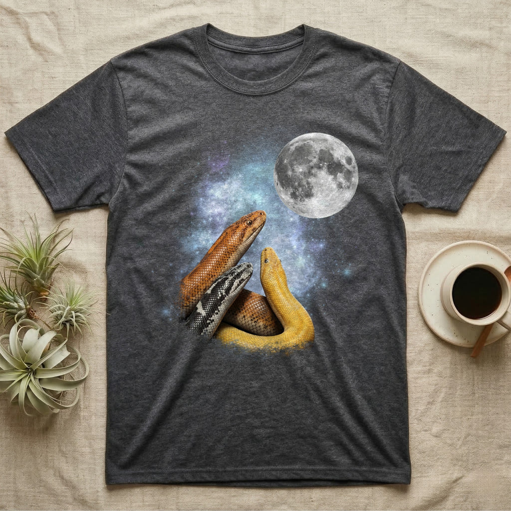 Kenyan Sand Boa Moon Howl T-Shirt in Dark Heather — Three Kenyan Sand Boa colour morphs howling at a full moon over a nebula on a dark grey t-shirt.